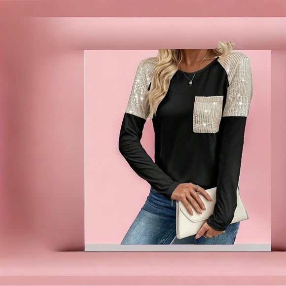 Black Sequin Patch Chest Pocket Reglan Sleeve - Picture 3 of 4